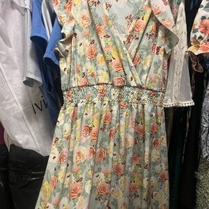 Floral V-Neck Dress with Ruffle Sleeves